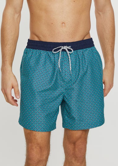 Threadbare Blue Carwood Contrast Geometric Print Swim Shorts