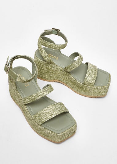 Quiz Green Sage Woven Chunky Platform Wedges