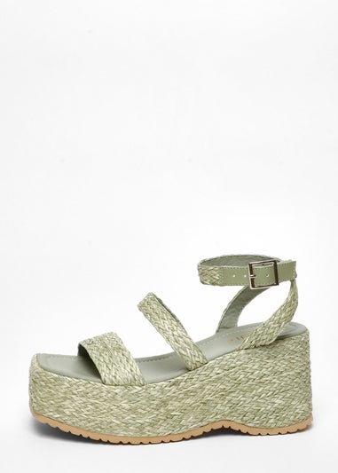 Quiz Green Sage Woven Chunky Platform Wedges