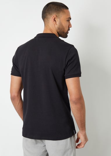 Threadbare Black Cotton Polo Shirt With Herringbone Detail Collar