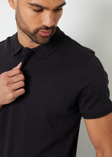 Threadbare Black Cotton Polo Shirt With Herringbone Detail Collar