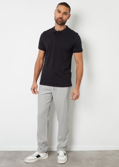 Threadbare Black Cotton Polo Shirt With Herringbone Detail Collar