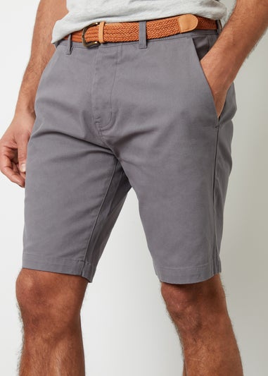 Threadbare Grey Cotton Turn-Up Chino Shorts with Woven Belt