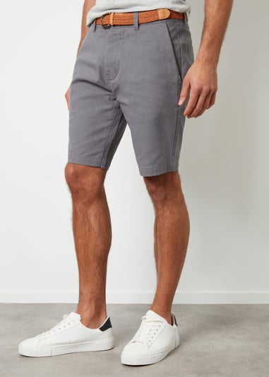 Threadbare Grey Cotton Turn-Up Chino Shorts with Woven Belt