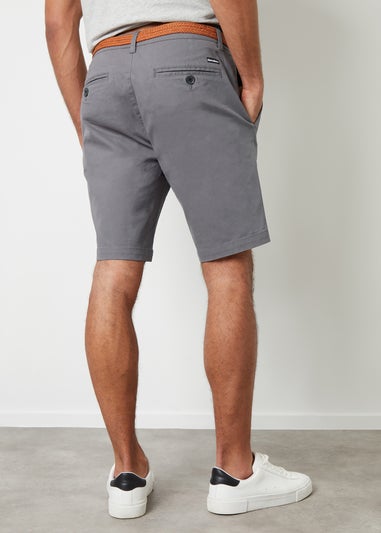 Threadbare Grey Cotton Turn-Up Chino Shorts with Woven Belt