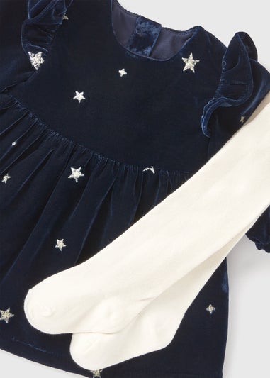 Baby Navy Velvet Star Dress & Tights (Newborn-23mths)