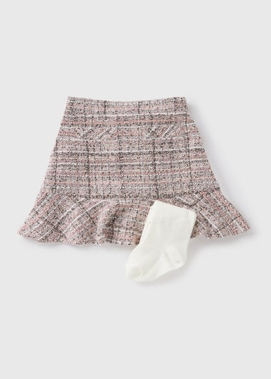 Girls Pink Check Peplum Skirt & Tights Set (1-7yrs)