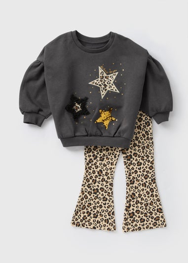 Girls Grey Leopard Sweatshirt & Flares Set (1-7yrs)