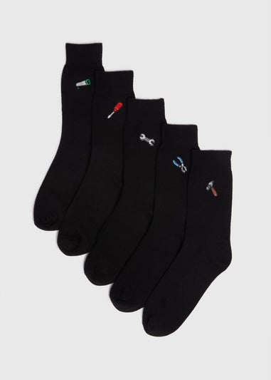 5 Pack Black Tool Embroidered Socks