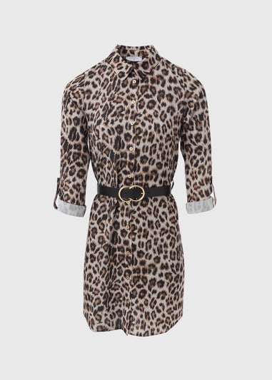 Brown Leopard Belted Shirt Dress