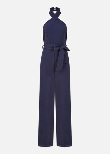 Mela Navy Cross Over Halter Neck Jumpsuit