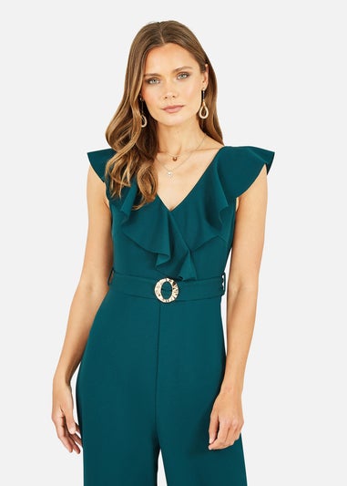 Mela Green Jumpsuit With Gold Buckle and Frill Detail