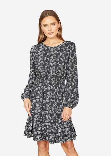 Mela Black Floral Print Ruched Waist Long Sleeve Skater Dress