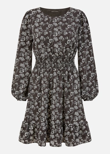 Mela Black Floral Print Ruched Waist Long Sleeve Skater Dress