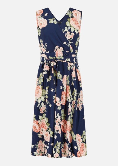 Mela Navy Rose Printed Wrap Over Sleeveless Skater Dress