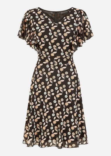 Mela Black Leaf Print Mesh Stretch Skater Dress