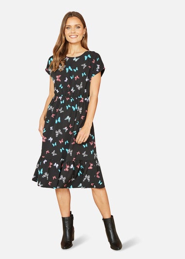 Mela Black Butterfly Print Relaxed Fit Skater Dress