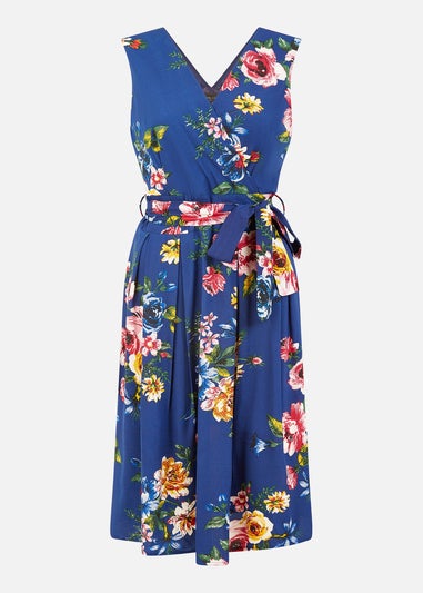 Mela Navy Floral Wrap Over Midi Skater Dress