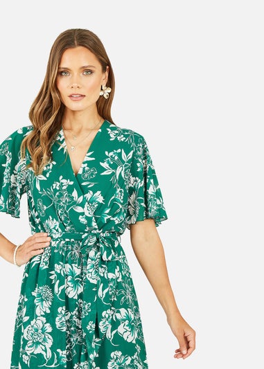 Mela Green Floral Wrap Midi Dress With Frill Detail