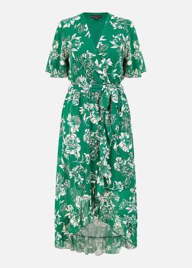 Mela Green Floral Wrap Midi Dress With Frill Detail