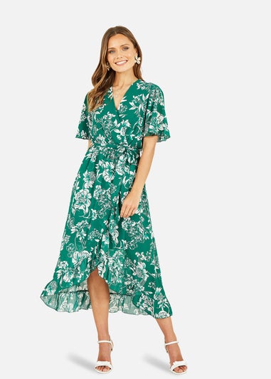 Mela Green Floral Wrap Midi Dress With Frill Detail