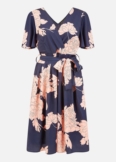 Mela Navy Blossom Print Wrap Skater Dress