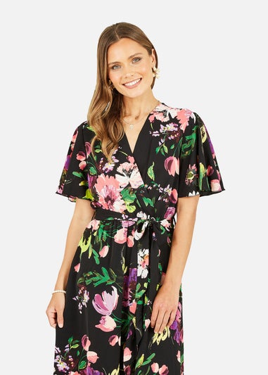 Mela Black Floral Wrap Midi Dress With Frills