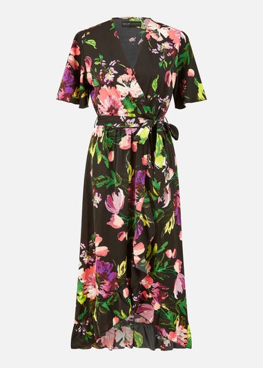 Mela Black Floral Wrap Midi Dress With Frills