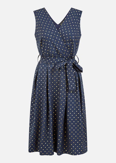 Mela Navy Spot Wrap Over Skater Dress