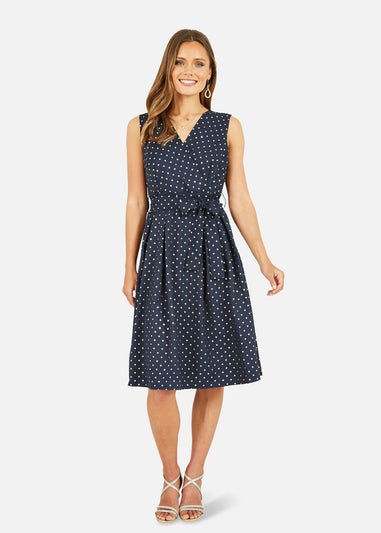 Mela Navy Spot Wrap Over Skater Dress