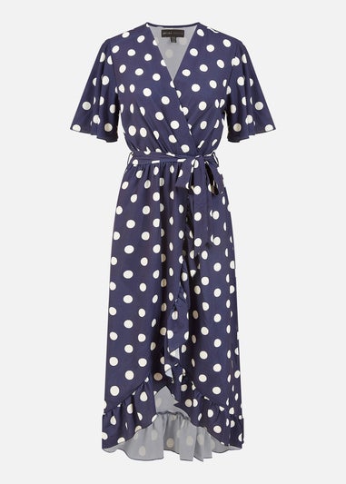 Mela Navy Spot Print Wrap Midi Dress With Frill Detail