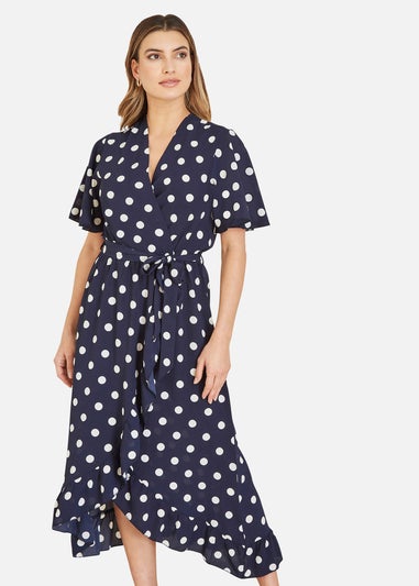 Mela Navy Spot Print Wrap Midi Dress With Frill Detail