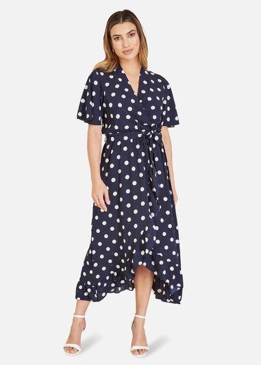 Mela Navy Spot Print Wrap Midi Dress With Frill Detail