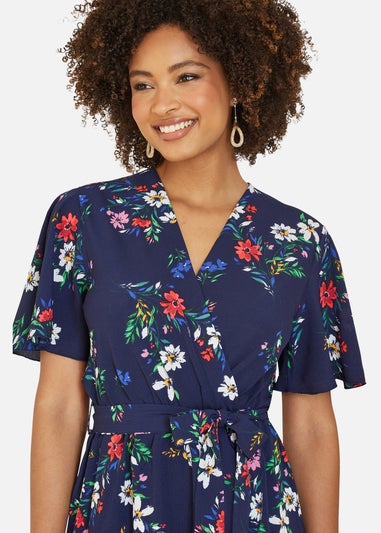 Mela Navy Floral Wrap Dress With Frill Hem