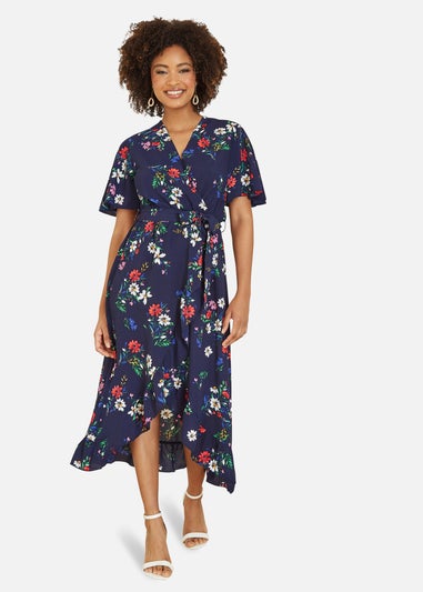 Mela Navy Floral Wrap Dress With Frill Hem