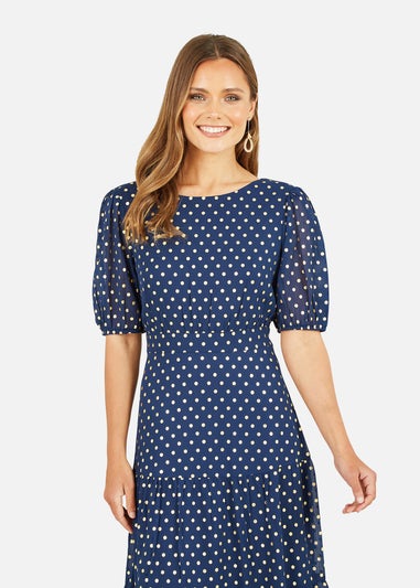 Mela Navy Gold Foil Spot Midi Dress With Scoop Back