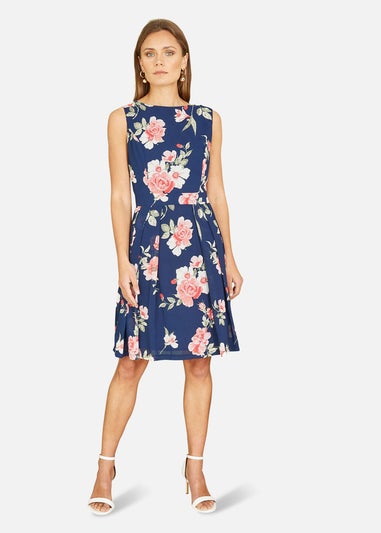 Mela Navy Floral Skater Dress With Scoop Back