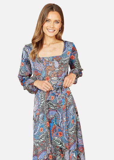 Mela Blue Paisley Print Long Sleeve Midi Dress