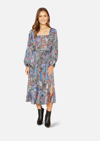 Mela Blue Paisley Print Long Sleeve Midi Dress