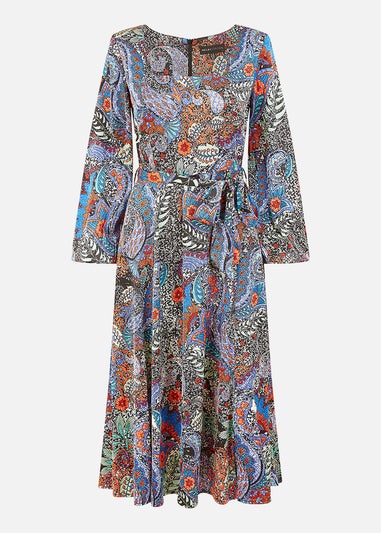 Mela Blue Paisley Print Long Sleeve Midi Dress