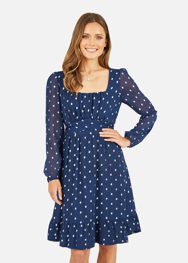 Mela Navy Foil Print Long Sleeve Skater Dress With Wrap Tie Waist