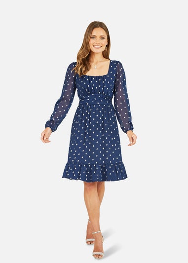 Mela Navy Foil Print Long Sleeve Skater Dress With Wrap Tie Waist