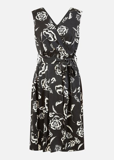 Mela Black Satin Floral Wrap Skater Midi Dress