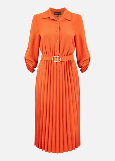 Mela Burnt Orange Pleated Skirt Midi Dress With Gold Buckle - Matalan