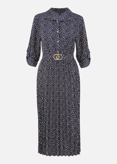 Mela Navy Spot Pleated Skirt Midi Dress With Gold Buckle