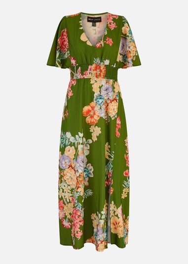 Mela Green Floral Ruched Waist Maxi Dress With Split Hemline