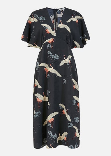 Yumi Black Crane Print Midi Dress