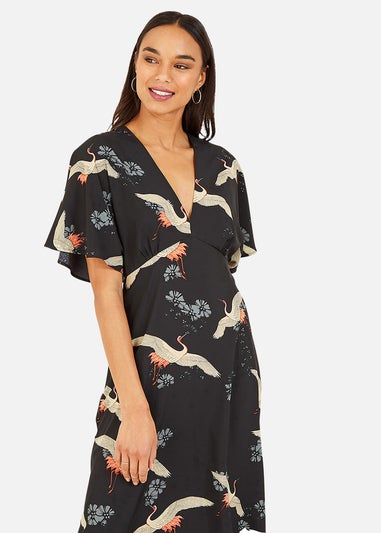 Yumi Black Crane Print Midi Dress