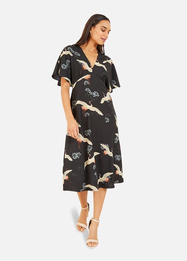 Yumi Black Crane Print Midi Dress