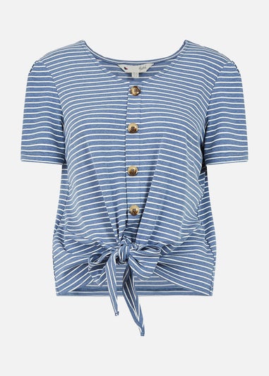 Yumi Blue Striped Jersey Button Detail Top